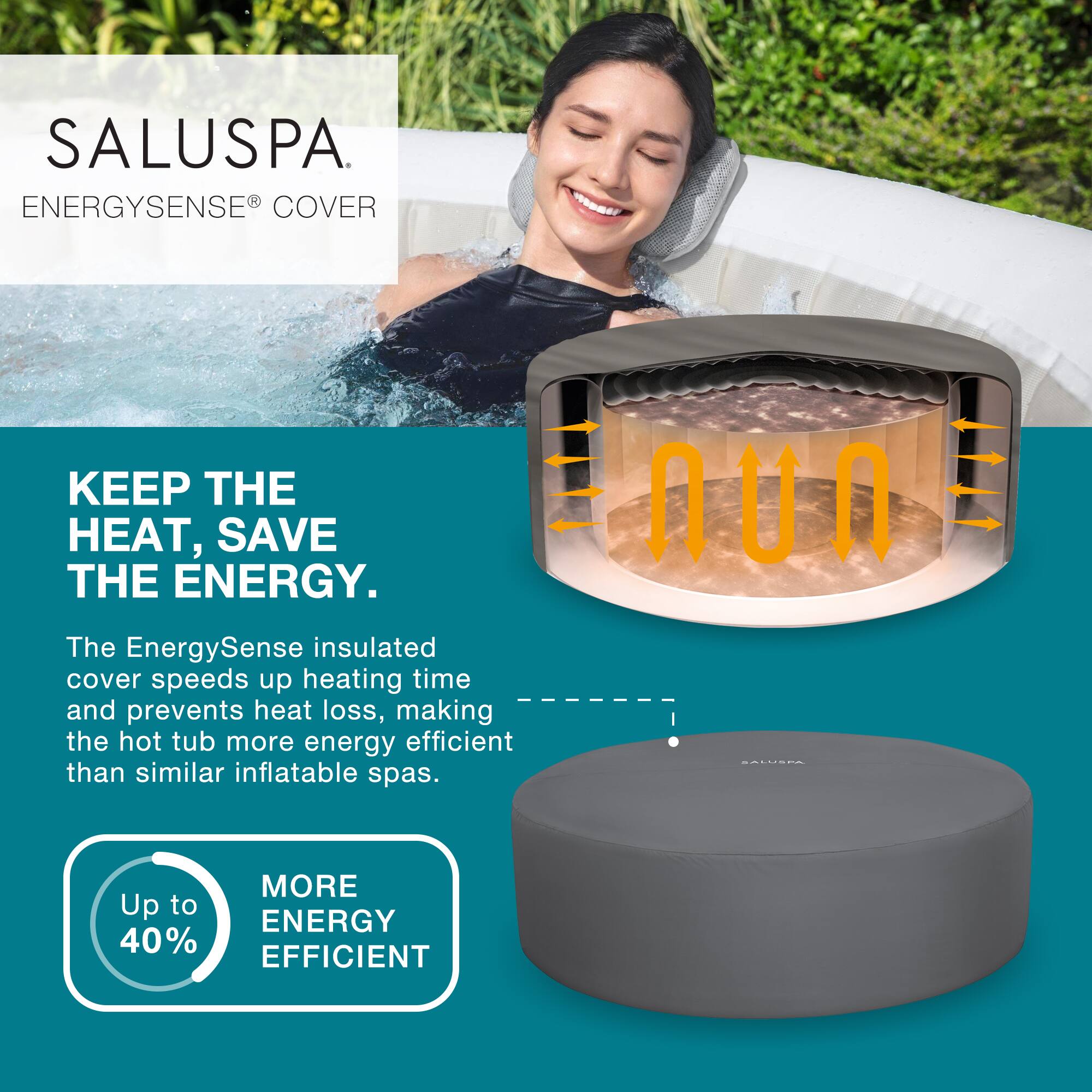 SALUSPA  
ENERGYSENSE® COVER

KEEP THE HEAT. SAVE THE ENERGY.

The EnergySense insulated cover speeds up heating time and prevents heat loss, making the hot tub more energy efficient than similar inflatable spas.

Up to 40% MORE ENERGY EFFICIENT