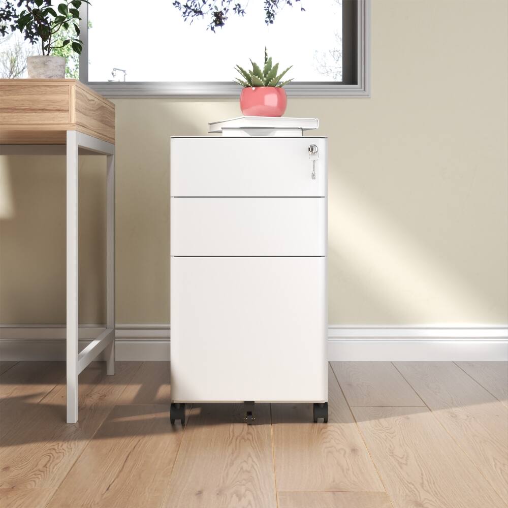 Back. Loheer - Loheer 3-Drawer Mobile File Cabinet White Metal Rolling File Cabinet with Lock Fully Assembled Anti-Tip Design.