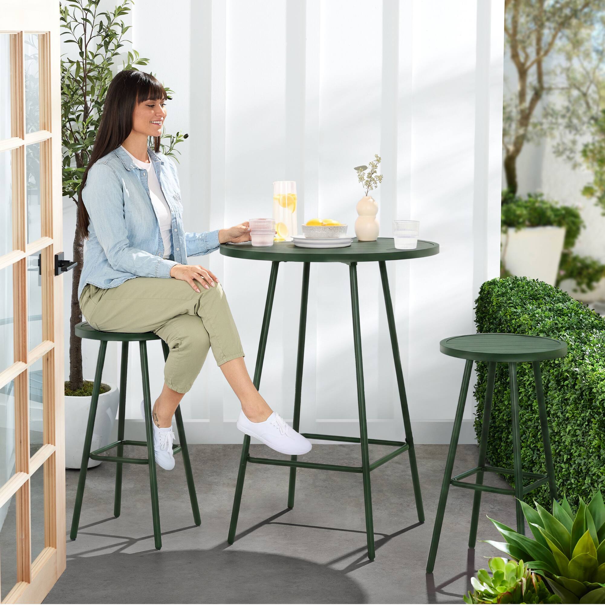 Alt View 8. Best Choice Products - Best Choice Products 3-Piece Steel Patio Bar Height Round Bistro Set w/ Backless Stools, Slatted Design - Dark Green - Dark Green.