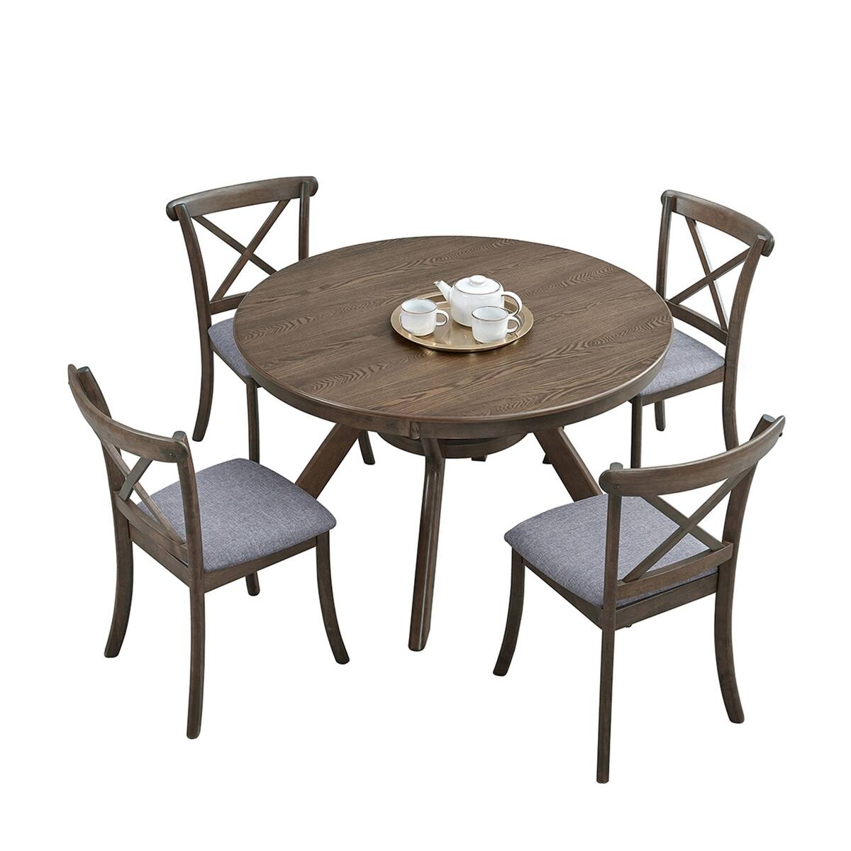 Back. Loheer - Loheer Oak Round Dining Table, 47 Inch Tabletop for 4 to 6, Trestle Pedestal Base - Oak.