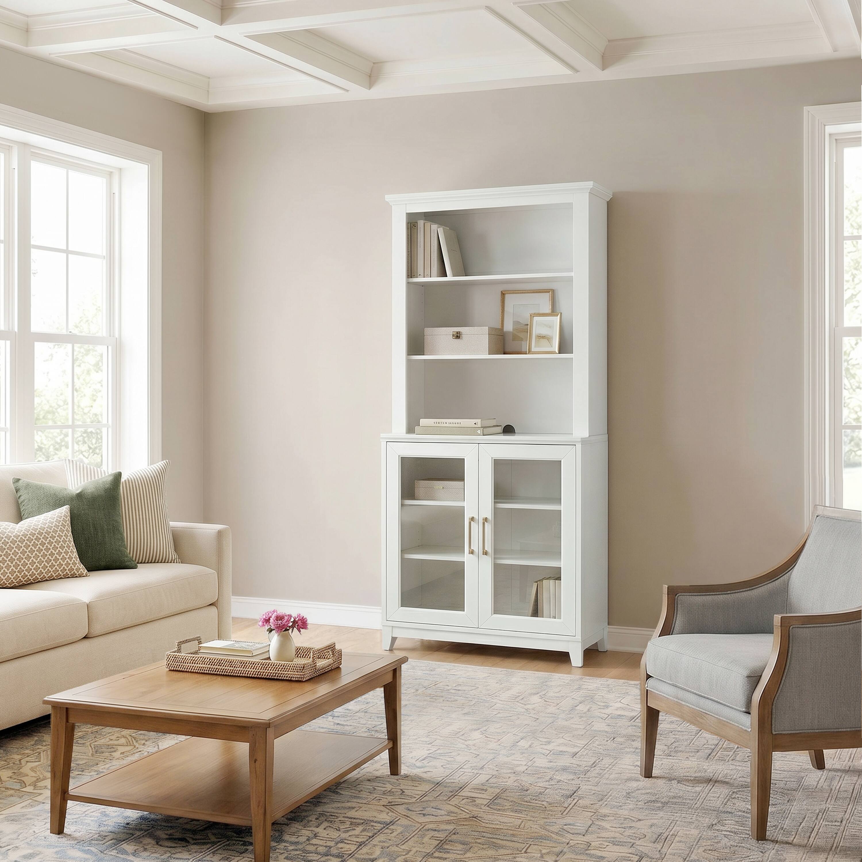 Alt View 5. Martha Stewart - Bedford 2-Piece Modular Wood Cabinet and Hutch Set, Premium Hardware, Open Top Shelves, Soft-Close Glass Doors - White Frame/Gold Hardware.