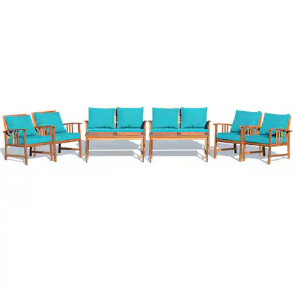 Front. Gymax - Gymax 8pcs Wooden Patio Furniture Set Table & Sectional Sofa w/ Turquoise Cushion - Turquoise.
