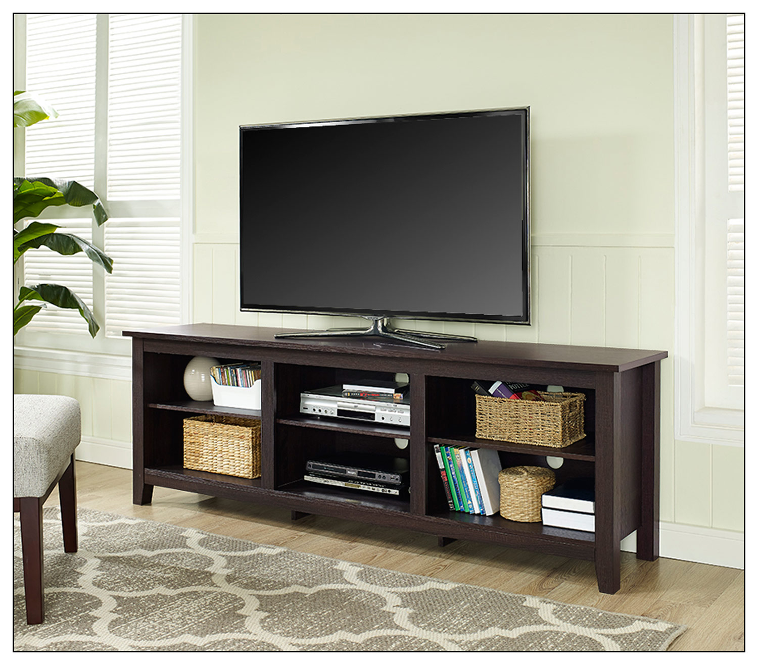 Angle View: Walker Edison - Modern 70" Open 6 Cubby Storage TV Stand for TVs up to 80" - Espresso
