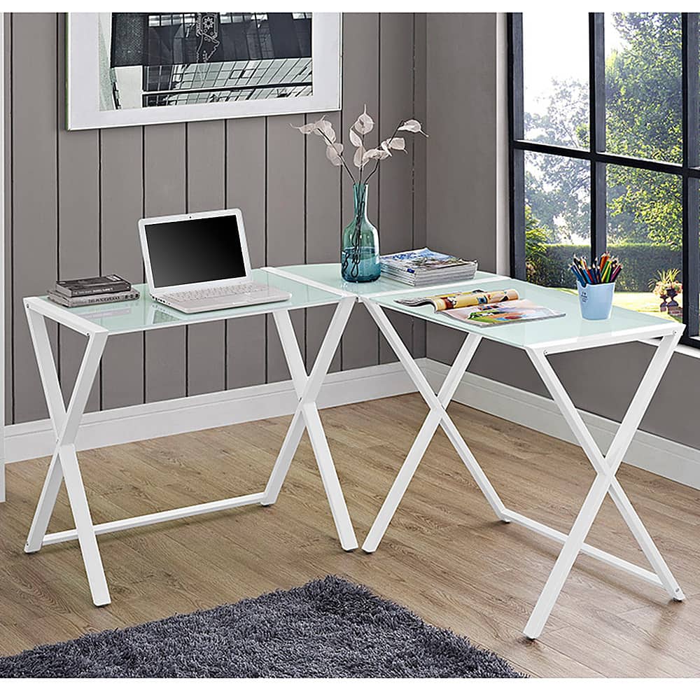 Alt View 11. Walker Edison - 51" L-Shaped Modern Glass Computer Desk - White.