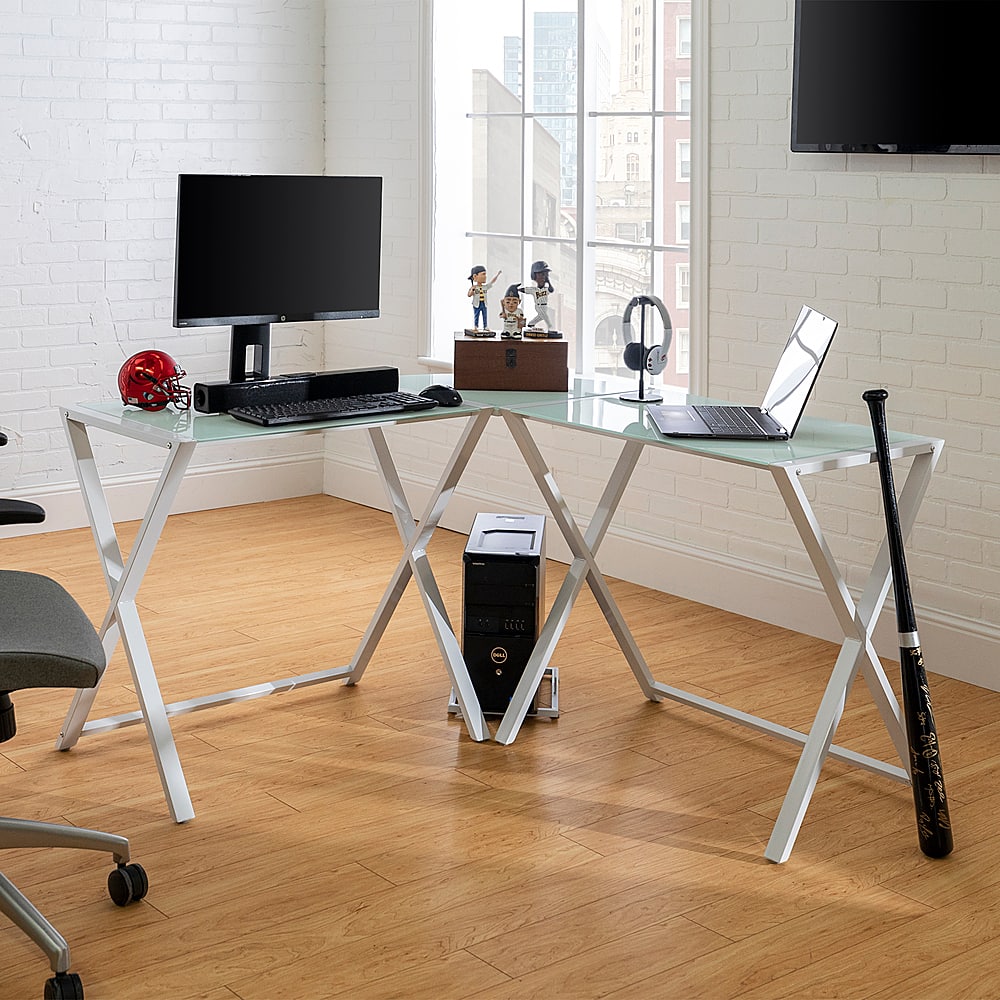 Alt View 15. Walker Edison - 51" L-Shaped Modern Glass Computer Desk - White.