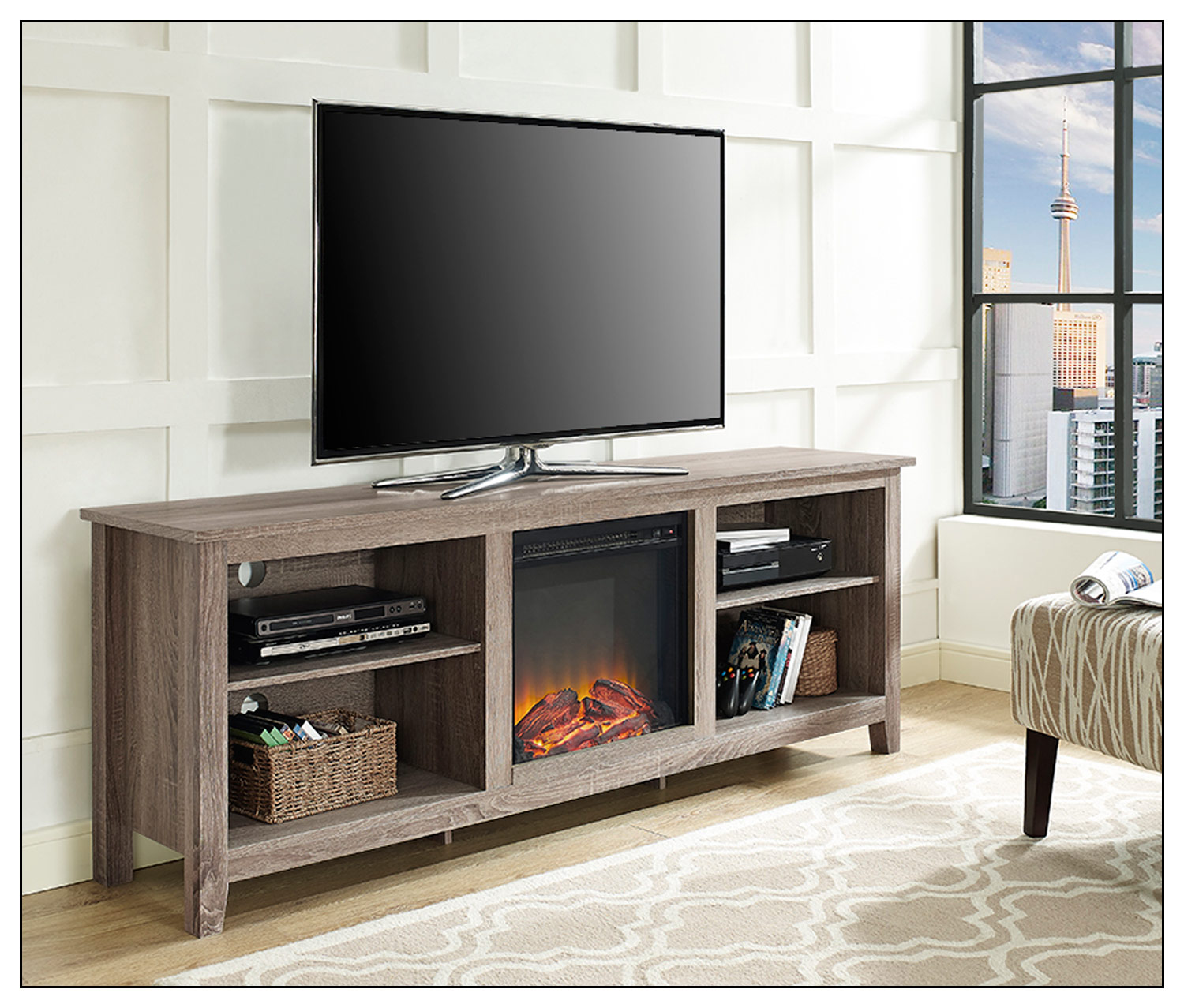 Angle View: Walker Edison - Open Storage Fireplace TV Stand for Most TVs Up to 85" - Driftwood