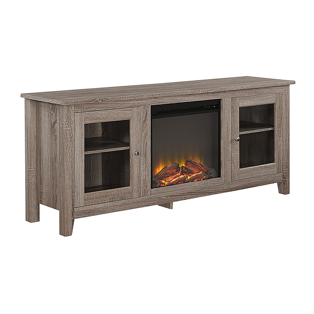 Left View: Walker Edison - 58" Transitional Two Glass Door Fireplace TV Stand for Most TVs up to 65" - Driftwood