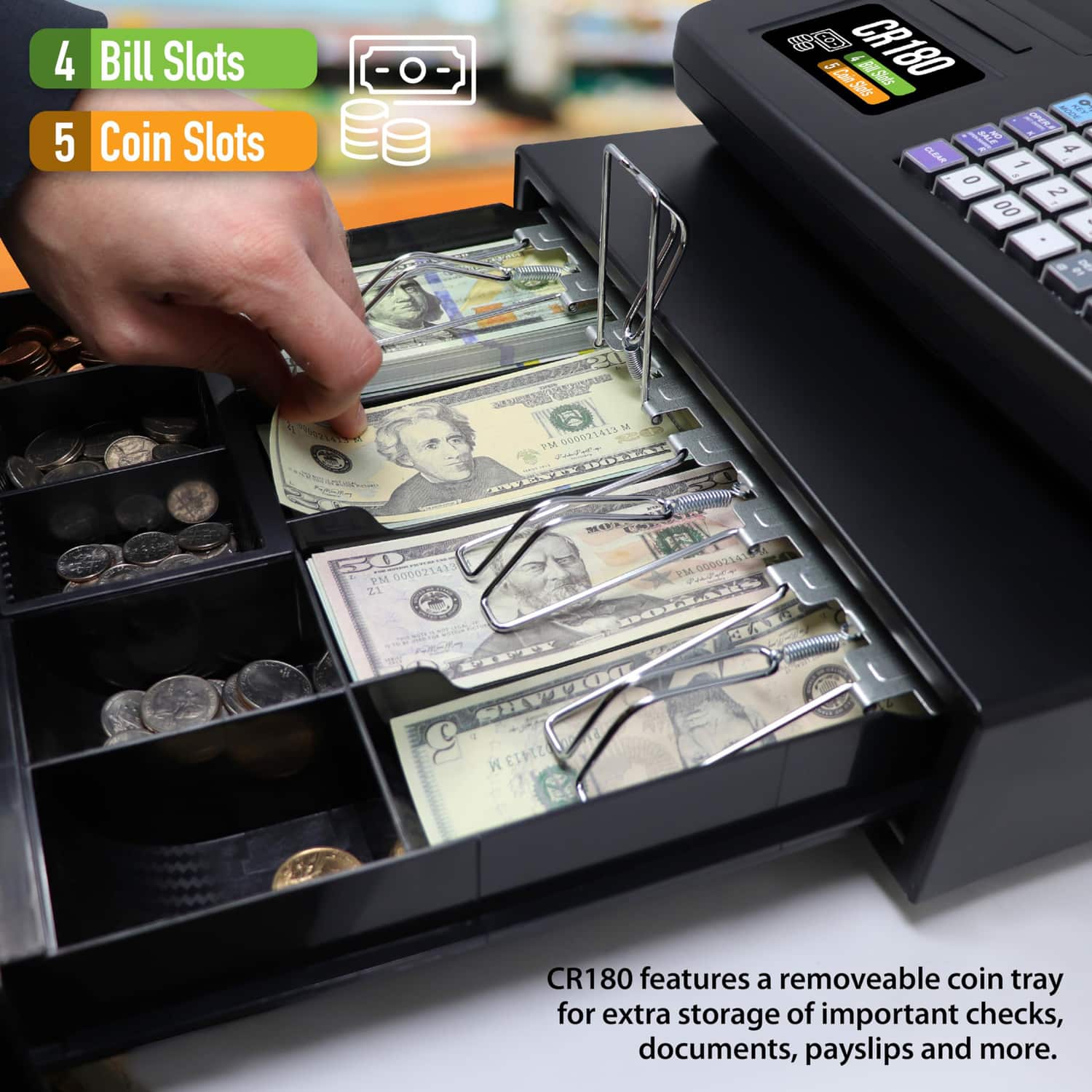 CR180 Steel Cash Register with Coin Drawer, 6,800 PLUs, 60