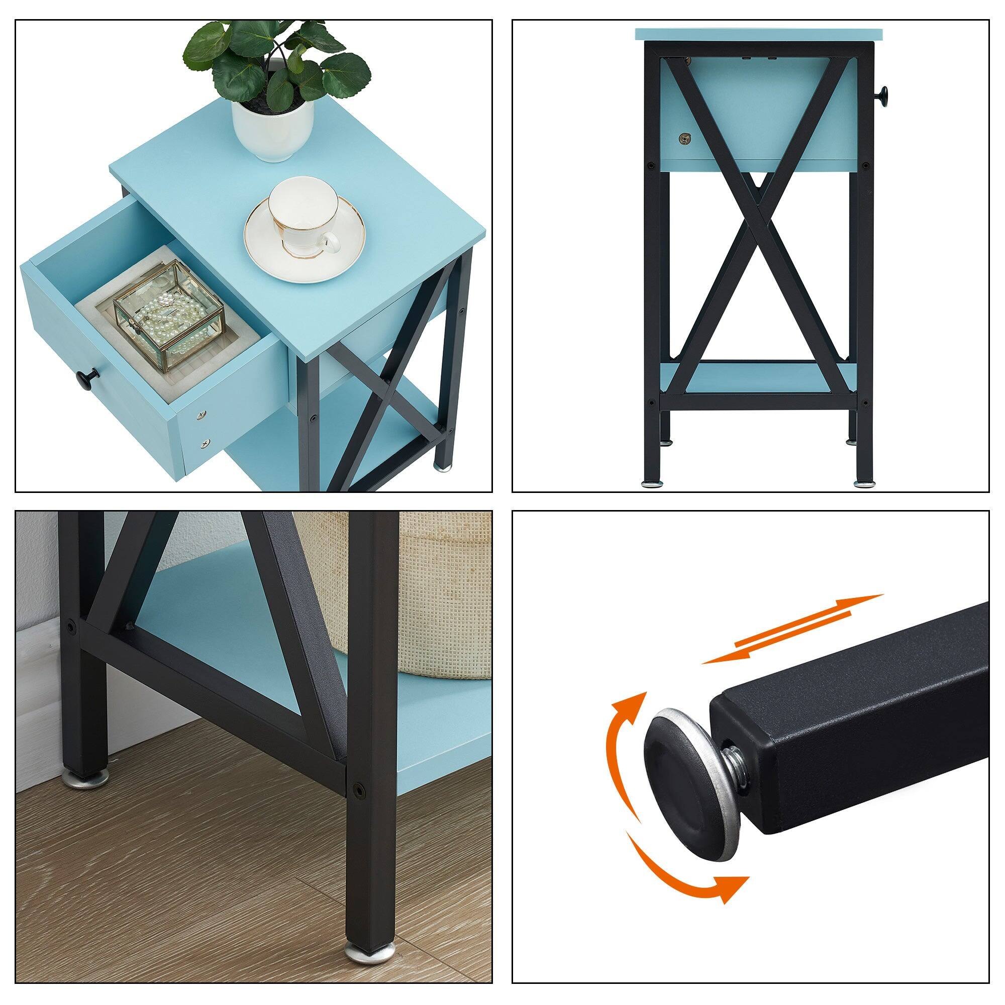 Back. Vecelo - Nightstand with Drawer - Bedside Table with Storage Shelf, Compact End Table for Bedroom, MDF Wood Nightstand - Light Blue.