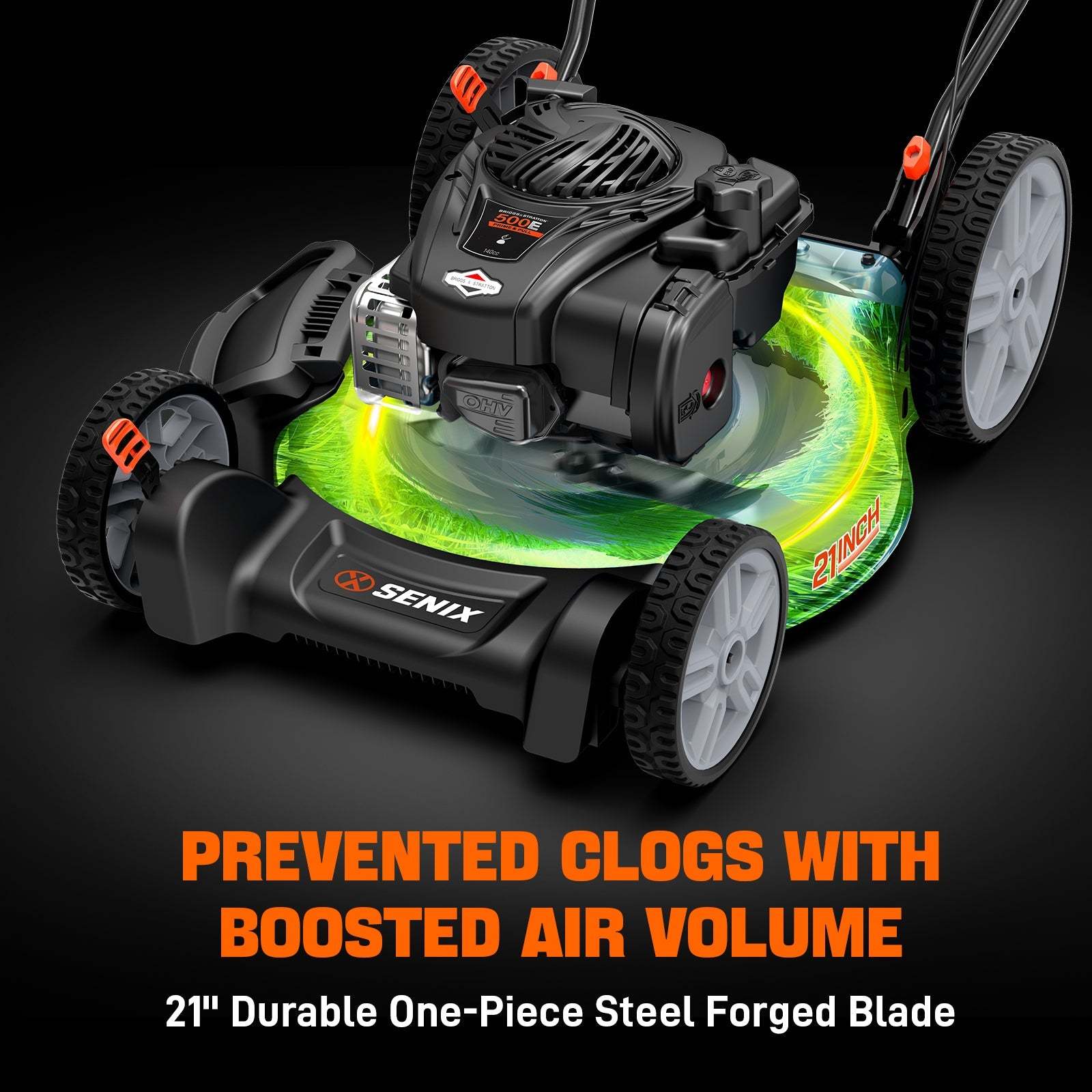 - 500E S CA OHM SENIX E 21" PREVENTED CLOGS WITH BOOSTED AIR VOLUME 21" Durable One-Piece Steel Forged Blade