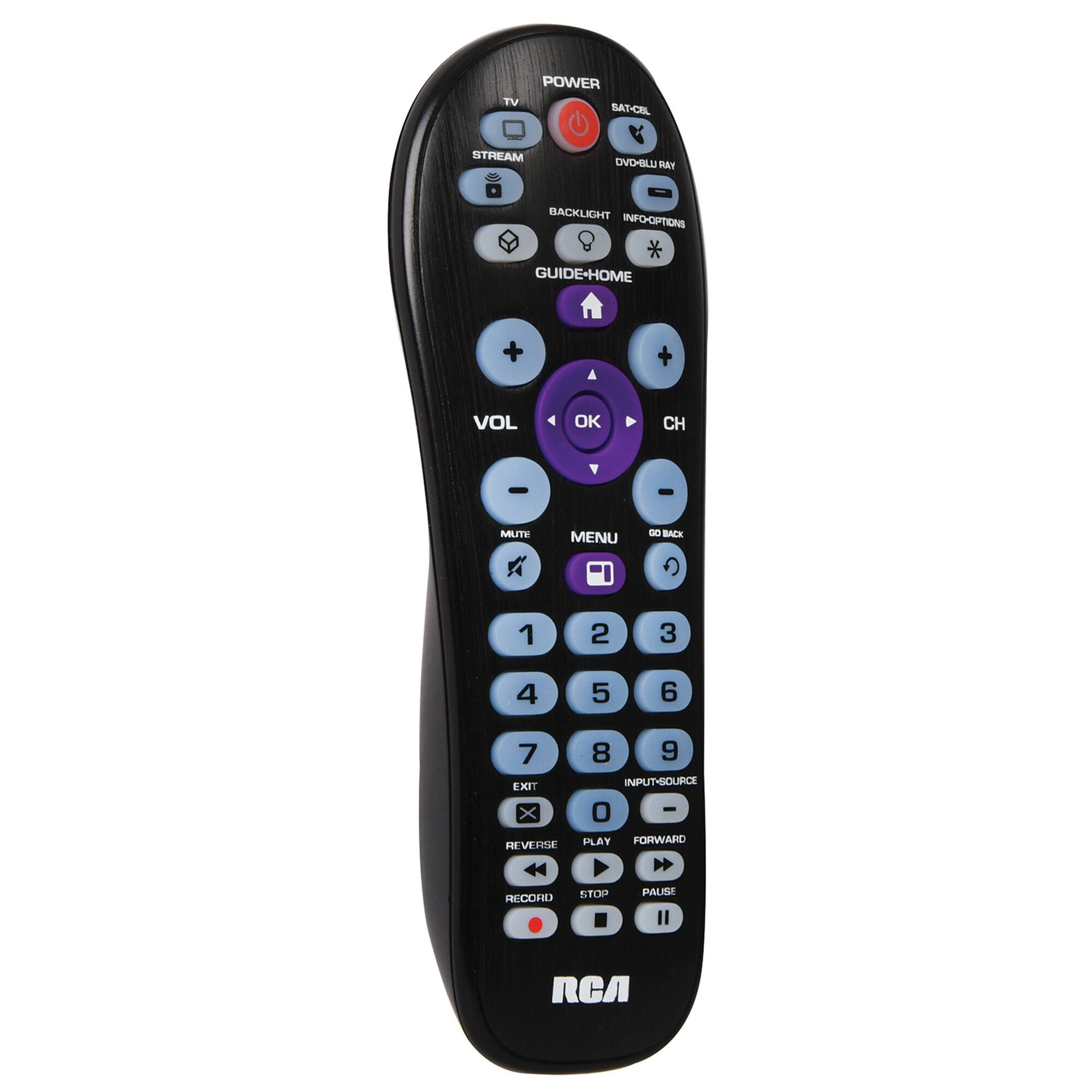POWER TV SAT-CBL  
STREAM DVD-BLU  
BACKLIGHT INFO-OPTIONS  
GUIDE-HOME  
VOL  
OK  
CH  
MUTE  
MENU  
GO BACK  
1  
2  
3  
4  
5  
6  
7  
8  
9  
EXIT  
INPUT-SOURCE  
PLAY  
FORWARD  
REVERSE  
RECORD  
STOP  
PAUSE  
RCA