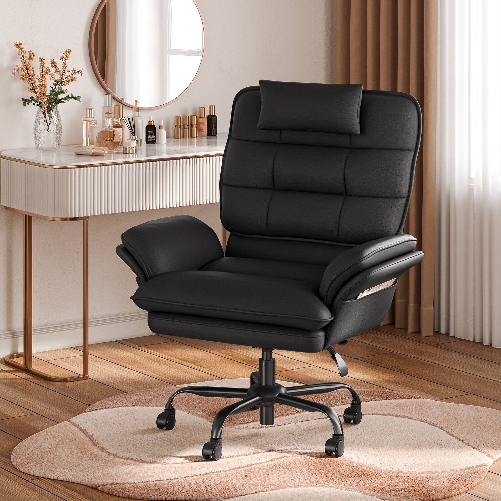Back. Bestier - Office Cross-Legged Chair with Ergonomic Headrest, Flip-up Armrest & Adjustable Backrset for Home Office - Black PU Leather.