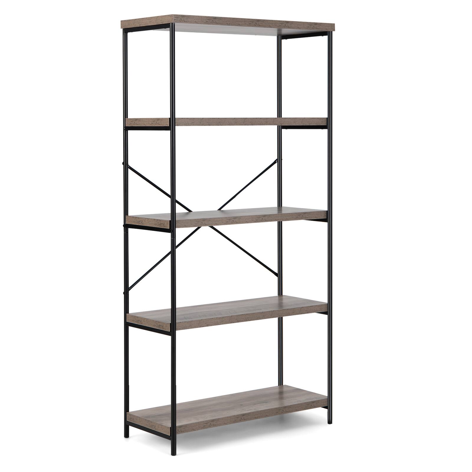 Sugift - 5-Tier Industrial Bookshelf Display Storage Rack with Metal Frame - Grey
