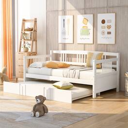 Whisen - Wood Daybed with Trundle Pull-Out Bed Frame for Bedroom and Guest Room - White
