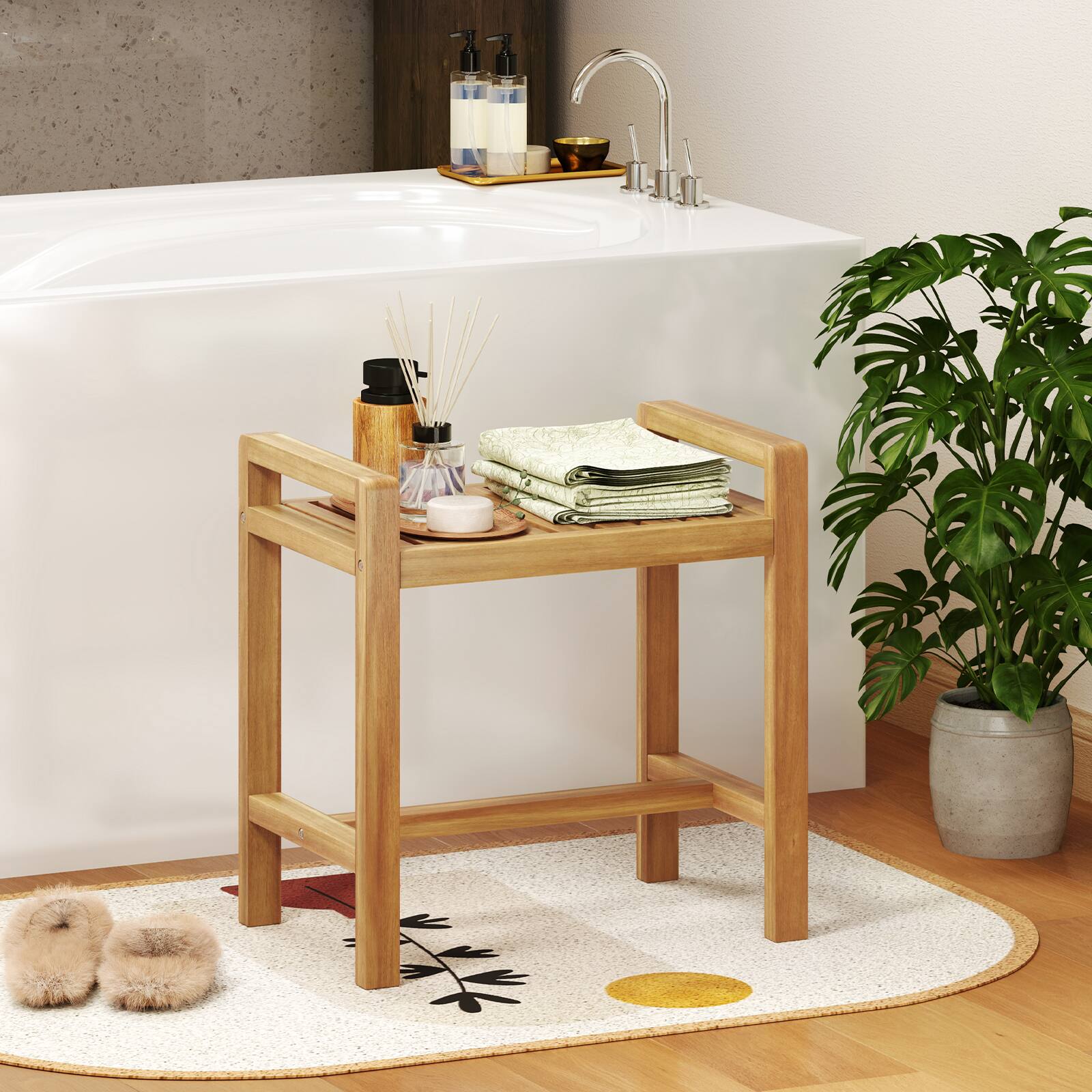 Alt View 3. Gymax - Gymax Teak Wood Shower Bench Solid Wood Stool for Inside Shower Shaving Legs Natural - Natural.
