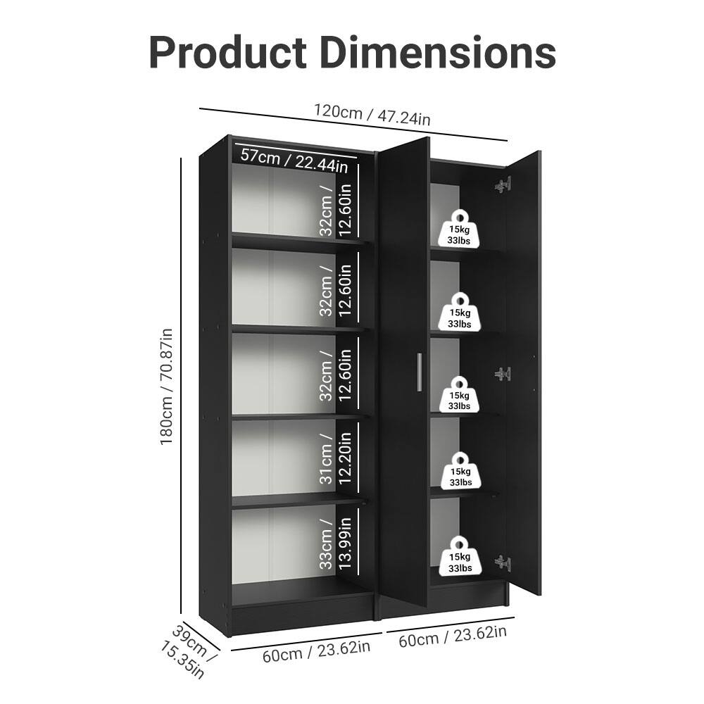 Product Dimensions

- Width: 120cm / 47.24in
- Depth: 60cm / 23.62in
- Height: 180cm / 70.87in

Shelf Dimensions:
- 57cm / 22.44in (Width) x 32cm / 12.60in (Depth)
- 32cm / 12.60in (Width) x 32cm / 12.60in (Depth)
- 31cm / 12.20in (Width) x 32cm / 12.60in (Depth)
- 33cm / 13.99in (Width) x 32cm / 12.60in (Depth)

Weight Capacity:
- 15kg / 33lbs per shelf

Overall Dimensions:
- 39cm / 15.35in (Width) x 60cm / 23.62in (Depth) x 180cm / 70.87in (Height)