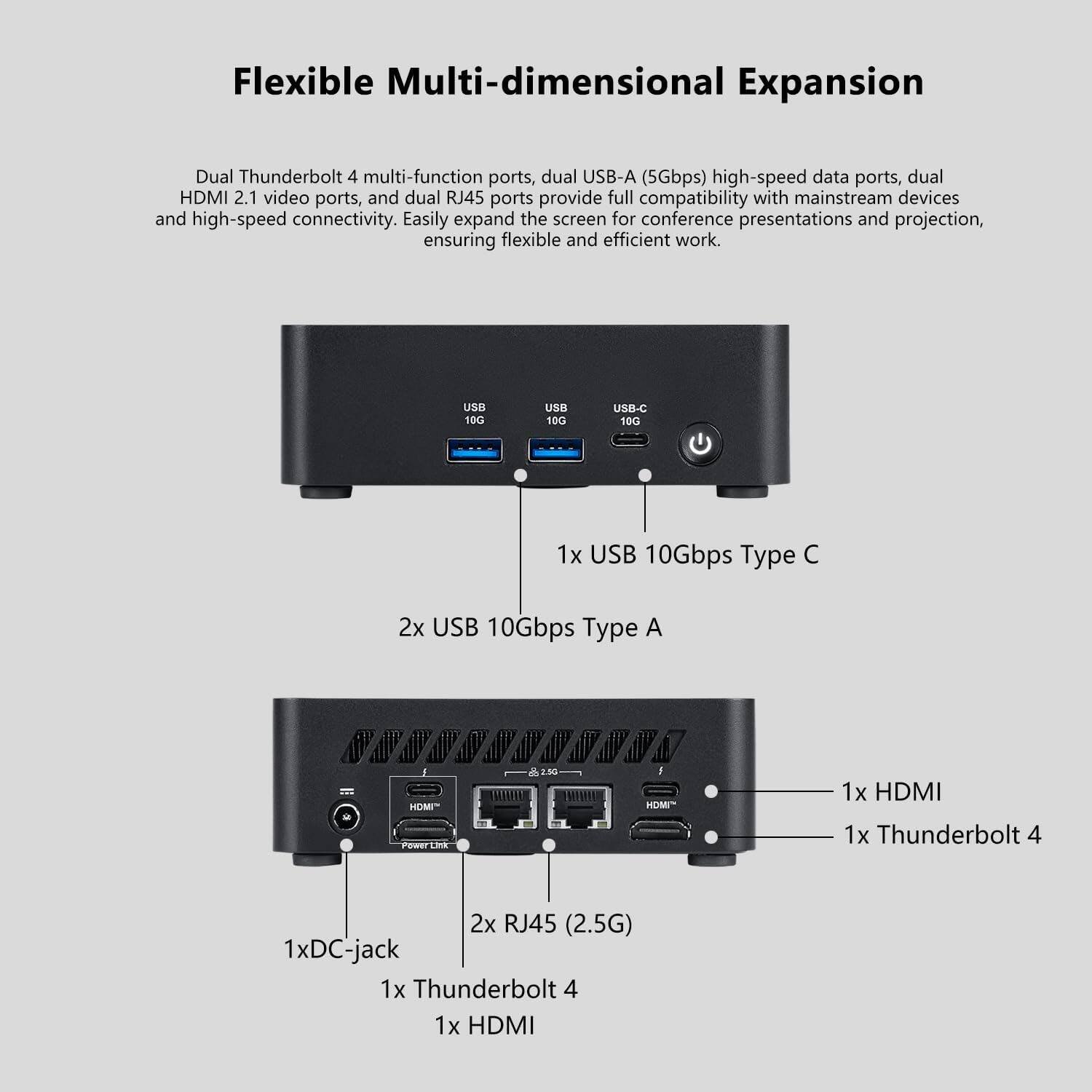Flexible Multi-dimensional Expansion

Dual Thunderbolt 4 multi-function ports, dual USB-A (5Gbps) high-speed data ports, dual HDMI 2.1 video ports, and dual RJ45 ports provide full compatibility with mainstream devices and high-speed connectivity. Easily expand the screen for conference presentations and projection, ensuring flexible and efficient work.

- 1x USB 10Gbps Type C
- 2x USB 10Gbps Type A
- 1x HDMI
- 1x Thunderbolt 4
- 2x RJ45 (2.5G)
- 1xDC-jack
- 1x Thunderbolt 4
- 1x HDMI