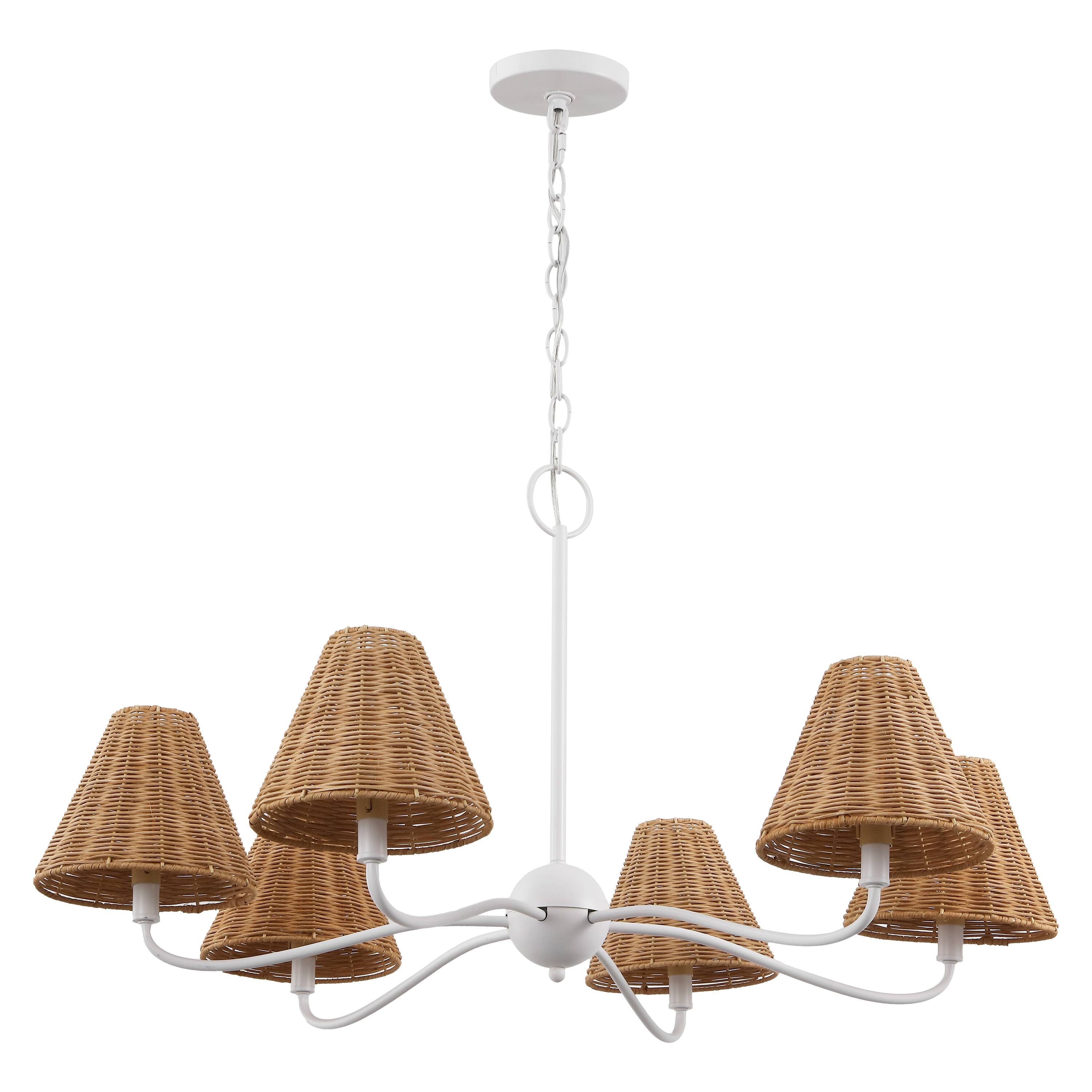 Alt View 7. Jonathan Y - Grady 35" 6-Light Grand Adjustable Swooping Arm Metal with Hand-Woven Rattan Shades LED Chandelier, White/Brown - White.