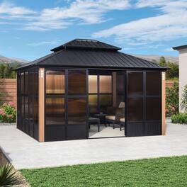PURPLE LEAF - 12' X 14' Sunroom Outdoor Hardtop Gazebo Wood Grain Aluminum Frame Galvanized Steel Double Roof All-Weather Screen House - Not provided