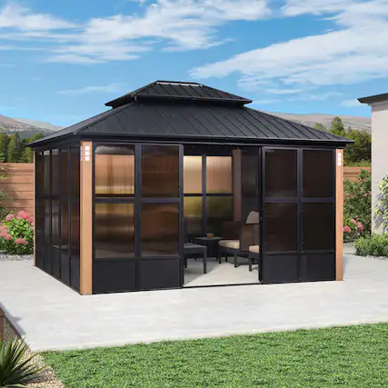 Front. PURPLE LEAF - Sunroom Outdoor Hardtop Gazebo Wood Grain Aluminum Frame Galvanized Steel Double Roof All-Weather Screen House - 12' X 14'.