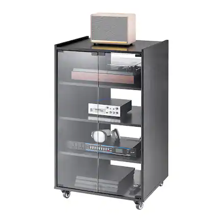 Front. VEVOR - 5-Tier AV Media Stand with Wheels, Wooden Audio-Video Media Stand for DVD Players/Cable Boxes/Games Consoles - Black Oak.