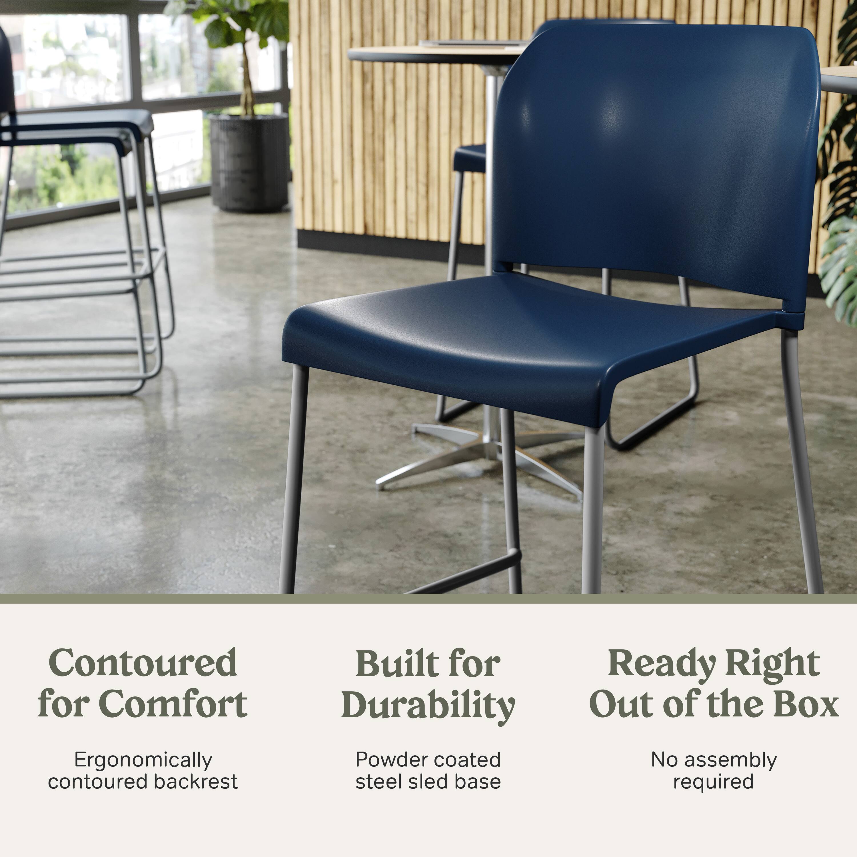 Contoured for Comfort  
Ergonomically contoured backrest  

Built for Durability  
Powder coated steel sled base  

Ready Right Out of the Box  
No assembly required