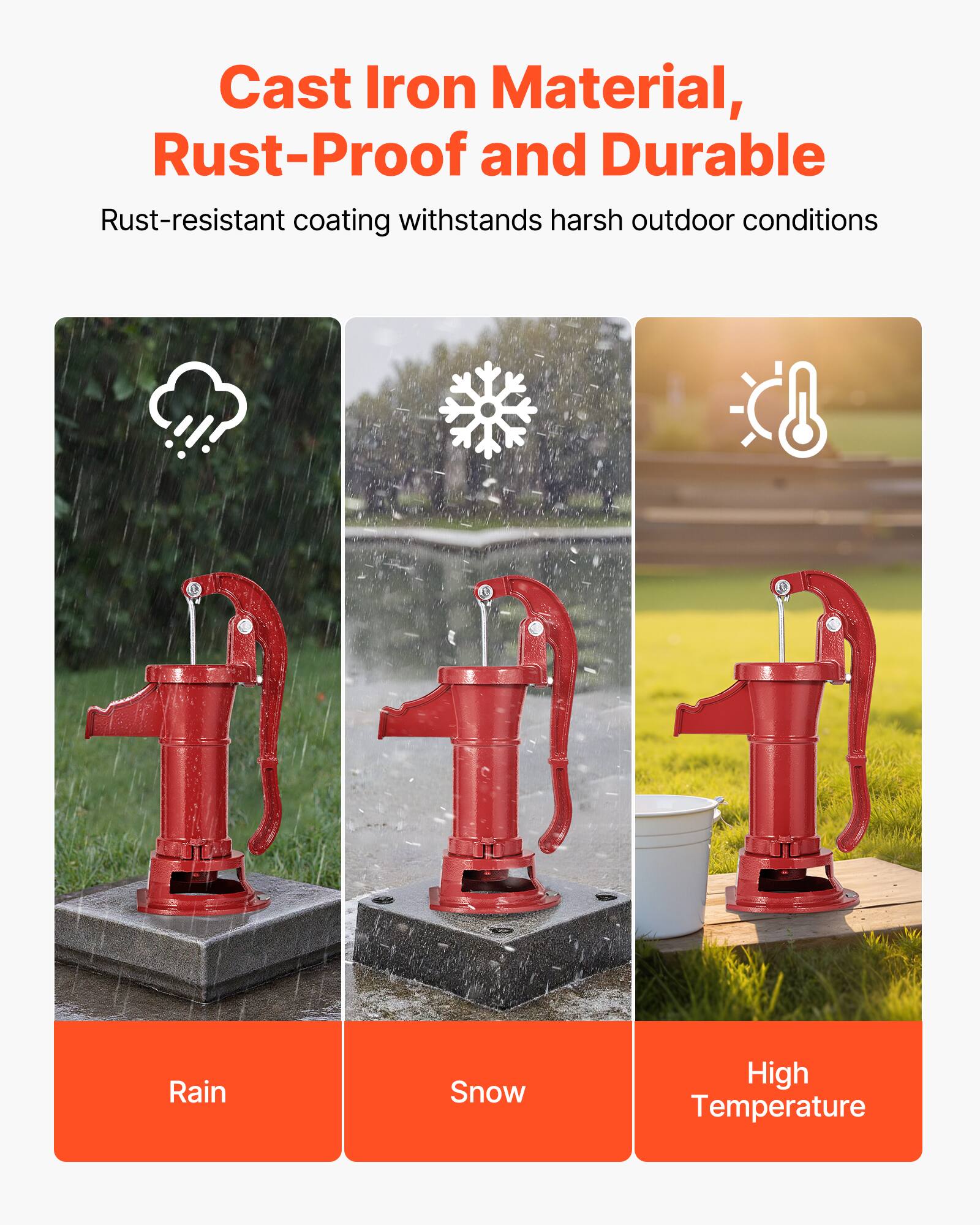 Cast Iron Material, Rust-Proof and Durable

Rust-resistant coating withstands harsh outdoor conditions

Rain Snow High Temperature