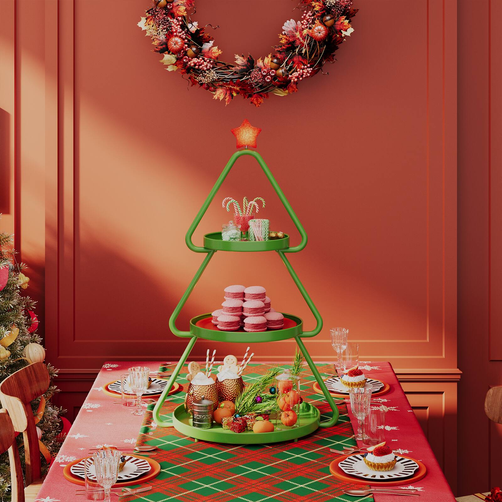 Back. Pinmoco - Christmas Tree Metal Storage Rack, Modern Sofa Side Table, Snack Rack for Party Holiday Festival - Green.