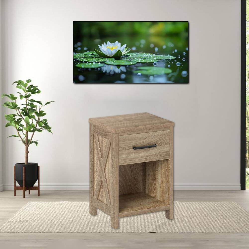 Front. Hivvago - Wooden Bedside Unit with Shelf and Pull-Out Drawer - Antique Brush White.