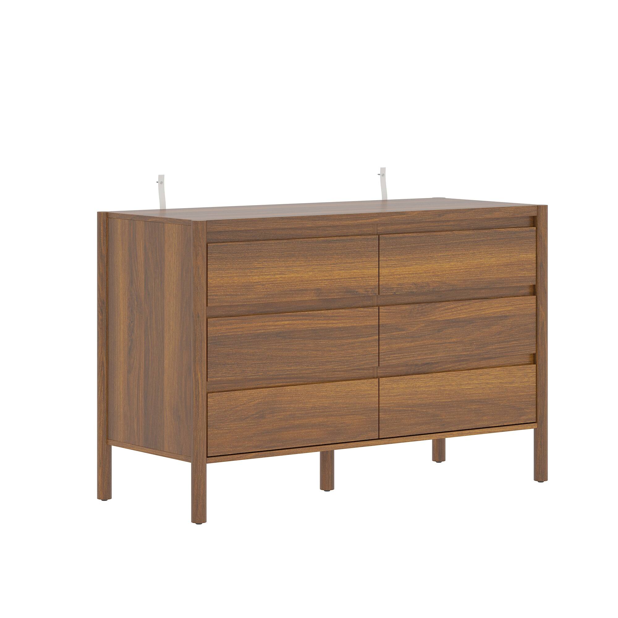 Angle. Famapy - Famapy Mid - Century Horizontal Dresser: 6 - Drawer Storage & Solid Wood Legs - Brown.