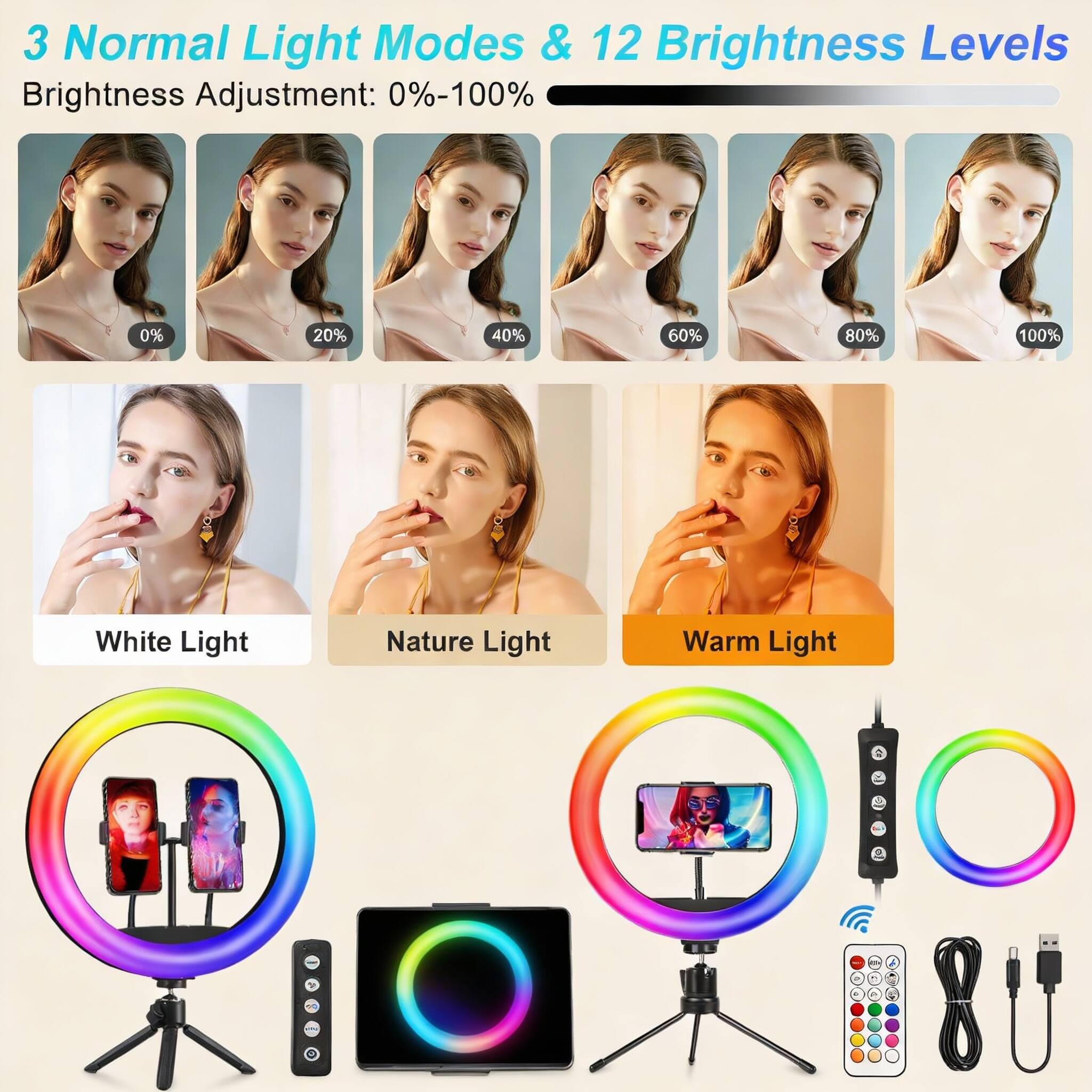 3 Normal Light Modes & 12 Brightness Levels

Brightness Adjustment: 0%-100%

- 0%
- 20%
- 40%
- 60%
- 80%
- 100%

White Light  
Nature Light  
Warm Light