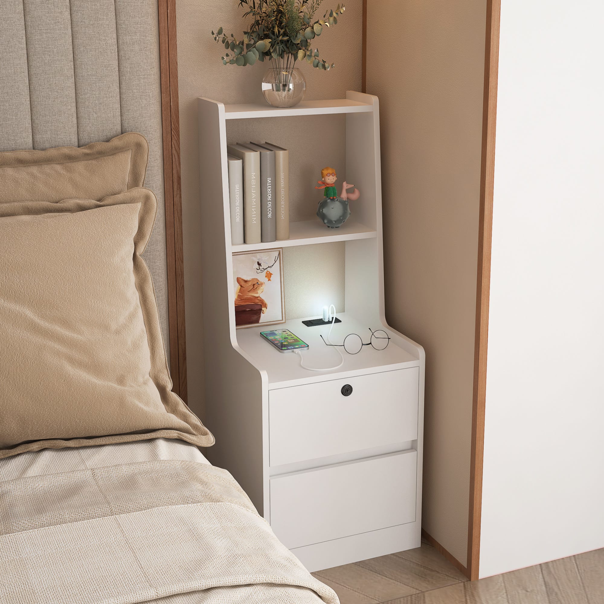 Tiramisubest - Modern Smart Nightstand with Charging Station,Night Light&Bookshelf,Bedside Table with Storage Cabinet for Bedroom - White