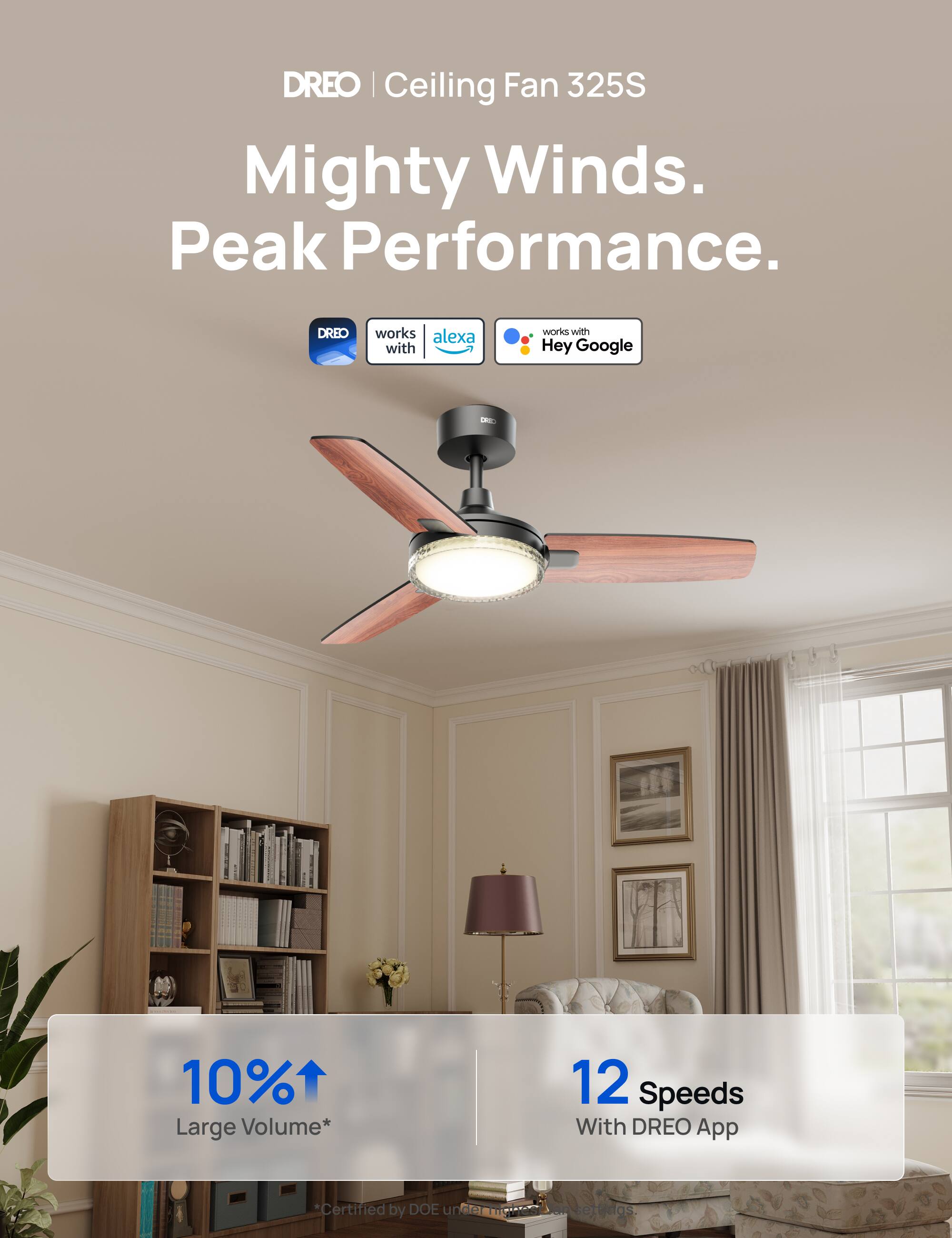 DREO | Ceiling Fan 325S Mighty Winds. Peak Performance. DREO works with Alexa and Google. 10% Large Volume* 12 Speeds With DREO App *Certified by DOE