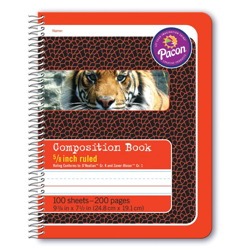 Pacon - Primary Composition Book, Spiral Bound, D'Nealian/Zaner-Bloser, 5/8" x 5/16" x 5/16" Ruled, 9-3/4" x 7-1/2", 100 Sheets