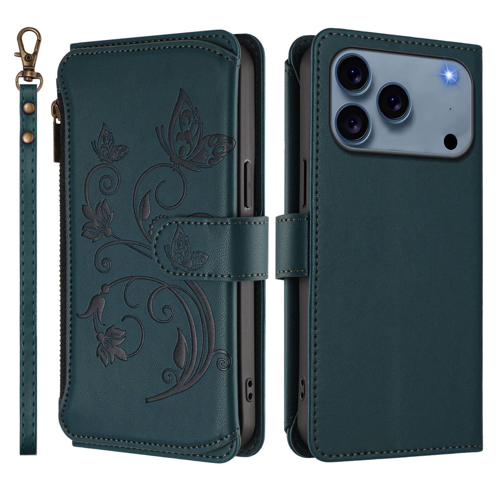 Angle. UUCOVER - Wallet Case for iPhone 17 Pro Max with Card Cash Slots, Zipper Pocket, Lanyard and Shoulder Strap, Flip Kickstand Cover - Darkblue.