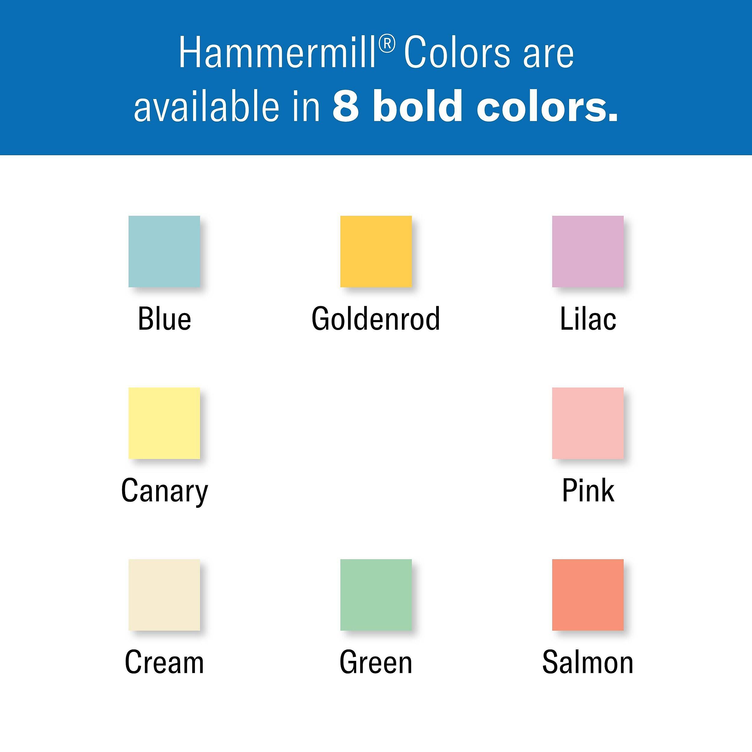 Hammermill® Colors are available in 8 bold colors.

Blue
Goldenrod
Lilac
Canary
Pink
Cream
Green
Salmon