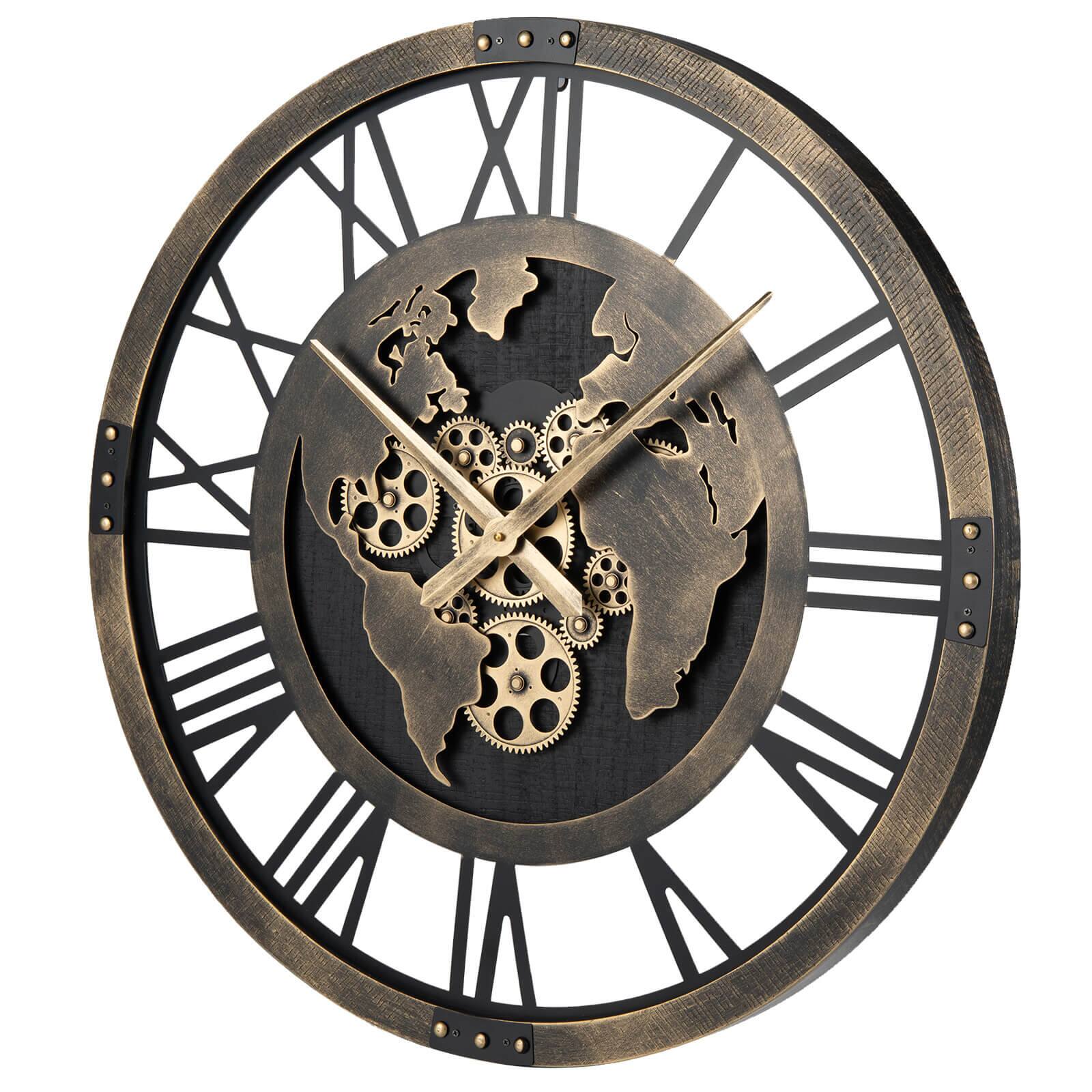 Alt View 9. Costway - Costway Large Wall Clock, 27" Gear Clock with World Map, Non-Ticking Decorative Metal Clock - Brown.