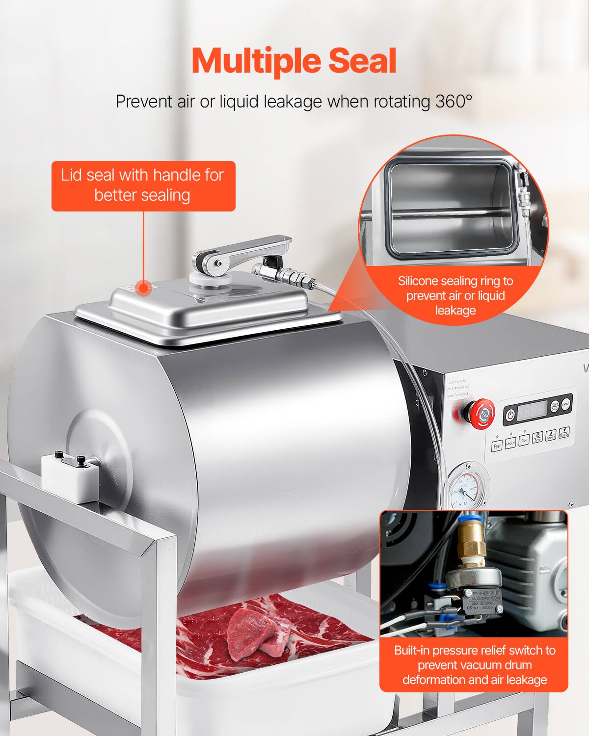 Multiple Seal  
Prevent air or liquid leakage when rotating 360°  

- Lid seal with handle for better sealing  
- Silicone sealing ring to prevent air or liquid leakage  
- Built-in pressure relief switch to prevent vacuum drum deformation and air leakage