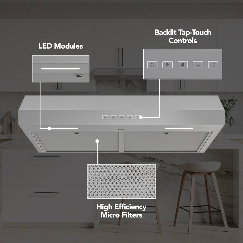 The image shows a kitchen appliance with a backlit tap-touch control panel and LED modules. The appliance also features high efficiency micro filters, making it a modern and energy-saving option for the kitchen.
