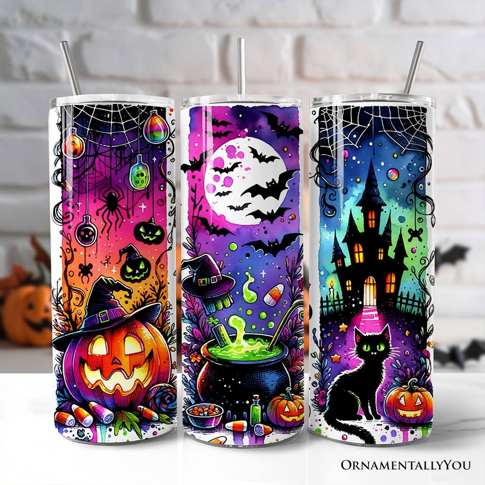 Left. OrnamentallyYou - Neon Halloween Witch Scene 20oz Tumbler With Lid and Stainless Steel Straw, Colorful Spooky Gift Cup - Multicolored.