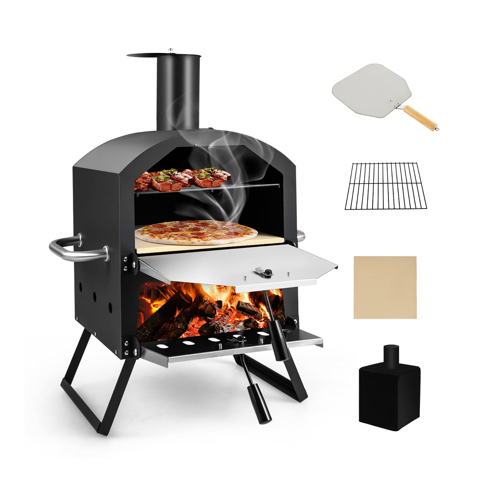 Alt View 16. Costway - 2-Layer Pizza Oven Wood Fired Pizza Grill Outside Pizza Maker with Waterproof Cover - Black + Silver.