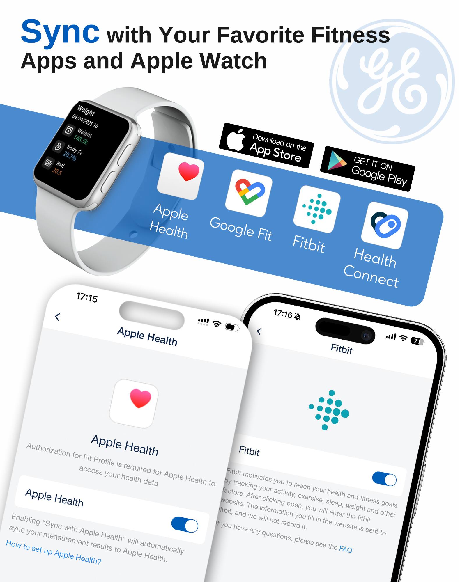 Sync with Your Favorite Fitness Apps and Apple Watch

Weight: 148.5kg  
Body Fat: 20.7%  
BMI: 20.5

Download on the App Store  
GET IT ON Google Play

Apple Health  
Google Fit  
Fitbit  
Health Connect

17:15  
Apple Health

Authorization for Fit Profile is required for Apple Health to access your health data.

Enabling "Sync with Apple Health" will automatically sync your measurement results to Apple Health.

How to set up Apple Health?

17:16  
Fitbit

Fitbit motivates you to reach your health and fitness goals by tracking your activity, exercise, sleep, weight and other factors. After clicking open, you will enter the fitbit website. The information you fill in the website is sent to us, and we will not record it. If you have any questions, please see the FAQ.