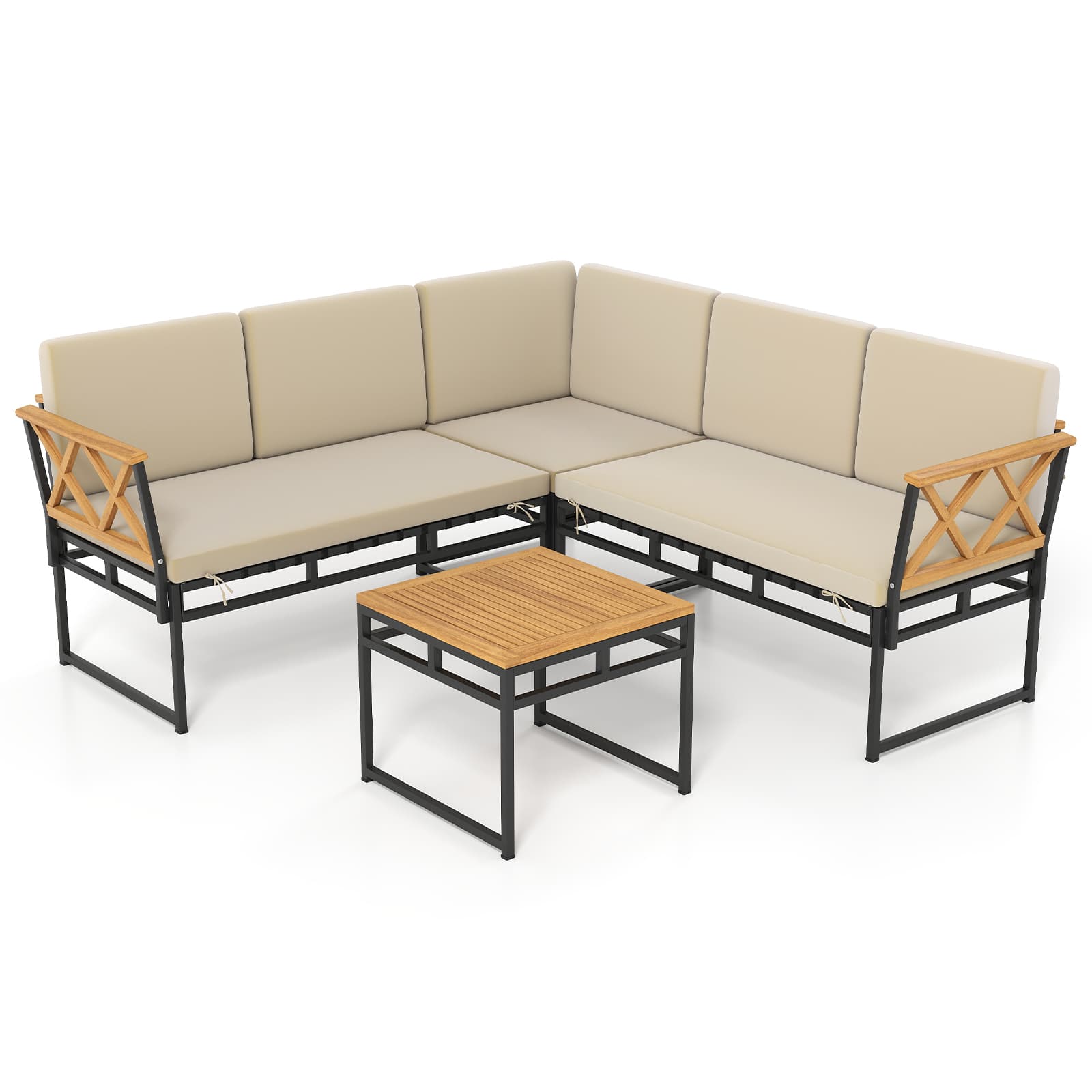 Gymax - Set Of 4 Outdoor Sectional Sofa L-Shaped Metal Conversation Set w/ Cushions - Beige
