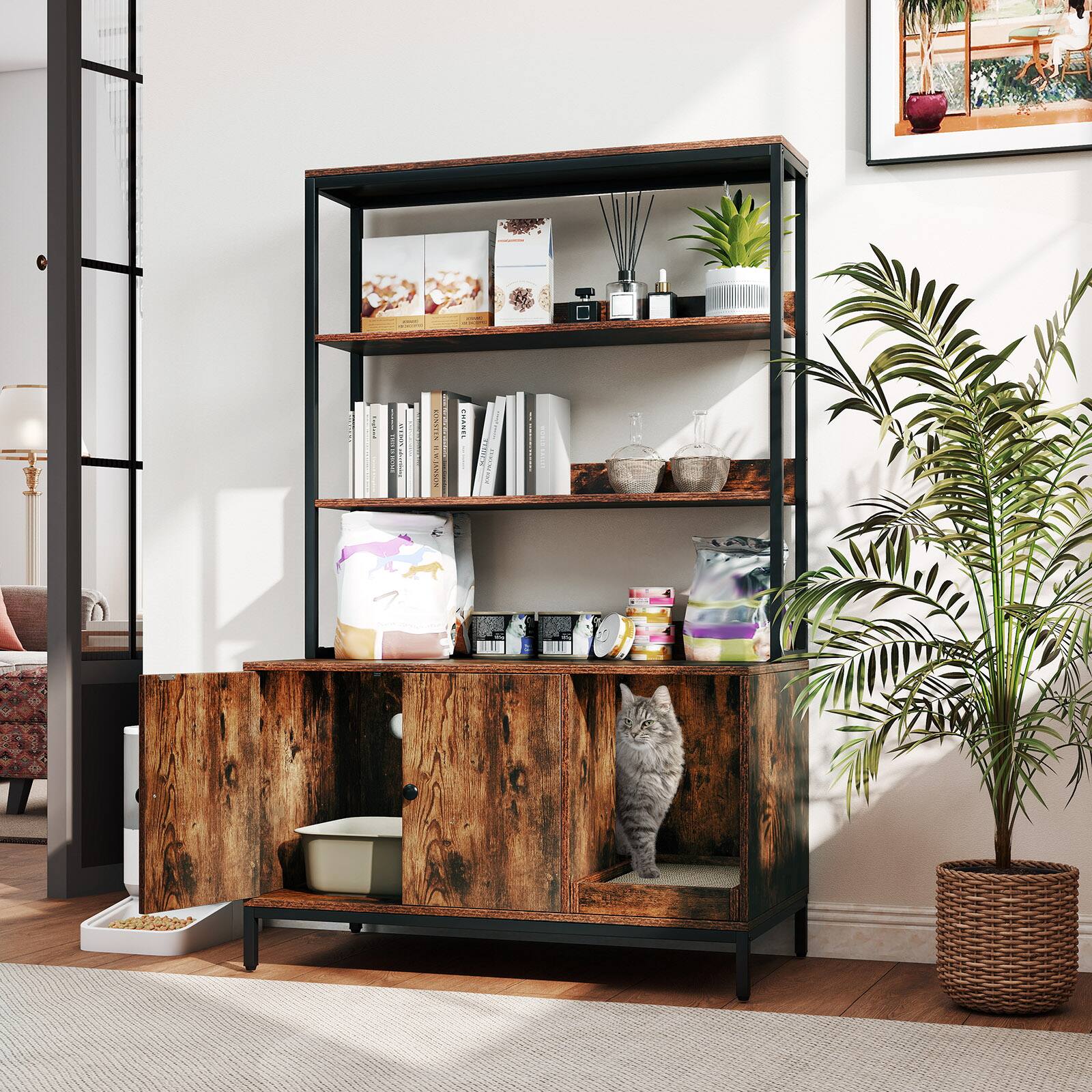 Alt View 1. Gymax - Gymax 57'' Cat Litter Box Enclosure w/ Storage 2-tier Shelves Removable Scratcher Brown - Brown.