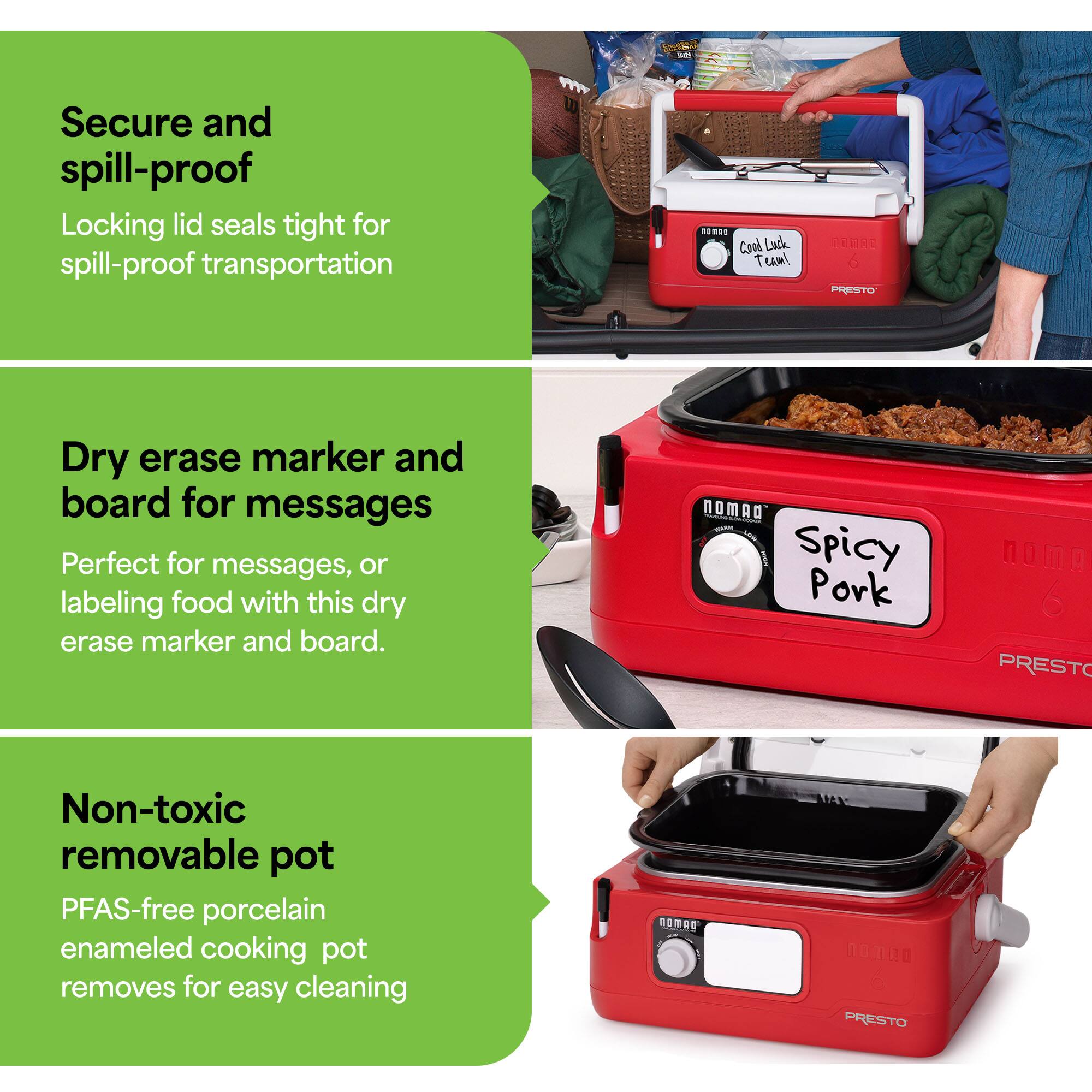 Sure, here is the corrected and grouped text:

---

**Secure and spill-proof**  
Locking lid seals tight for spill-proof transportation

**Dry erase marker and board for messages**  
Perfect for messages, or labeling food with this dry erase marker and board.

**Non-toxic removable pot**  
PFAS-free porcelain enameled cooking pot removes for easy cleaning

---

**Images:**

1. A red cooler with a dry erase board that says "Cool Luck Team!"
2. A red cooker with a dry erase board that says "Spicy Pork"
3. A red cooker with the pot removed, showing the inside.
