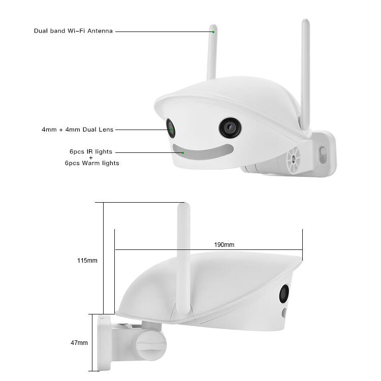 Dual band Wi-Fi Antenna  
4mm + 4mm Dual Lens  
6pcs IR lights + 6pcs Warm lights  
190mm x 115mm x 47mm