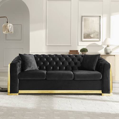 Angle. Anysun - 84" 3-Seat Velvet Chesterfield Sofa - Button Tufted, Gold Stainless Steel Trim, Mid-Century Modern with 2 Pillows - Black.