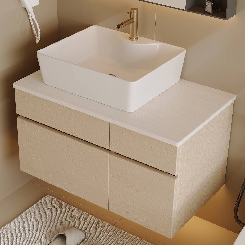 Left. Loheer - Loheer 31.5 inch floating bathroom vanity Wall Mounted with Vessel Sink White and Wood - White, Wood.