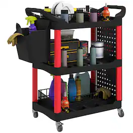 Homcom - 3-Tier Rolling Tool Cart with Wheels, 200 LBS Capacity Plastic Utility Cart with Side Shelf and Bucket - Black and Red