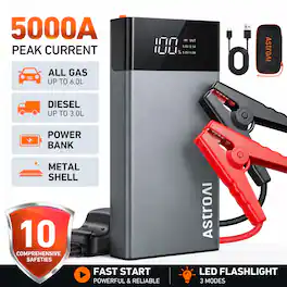 AstroAI - 5000A Car Jump Starter, 12V Battery Booster, LED Screen, Metal Shell, Power Bank, Emergency